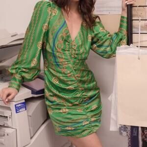 Lenon Green Chain Print Silky Puff Sleeve Glam Mobwife Ruched Mini Dress XS NWT